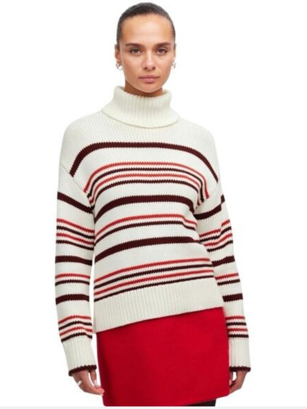 Madewell striped turtleneck sweater in cream with red and burgundy stripes. M